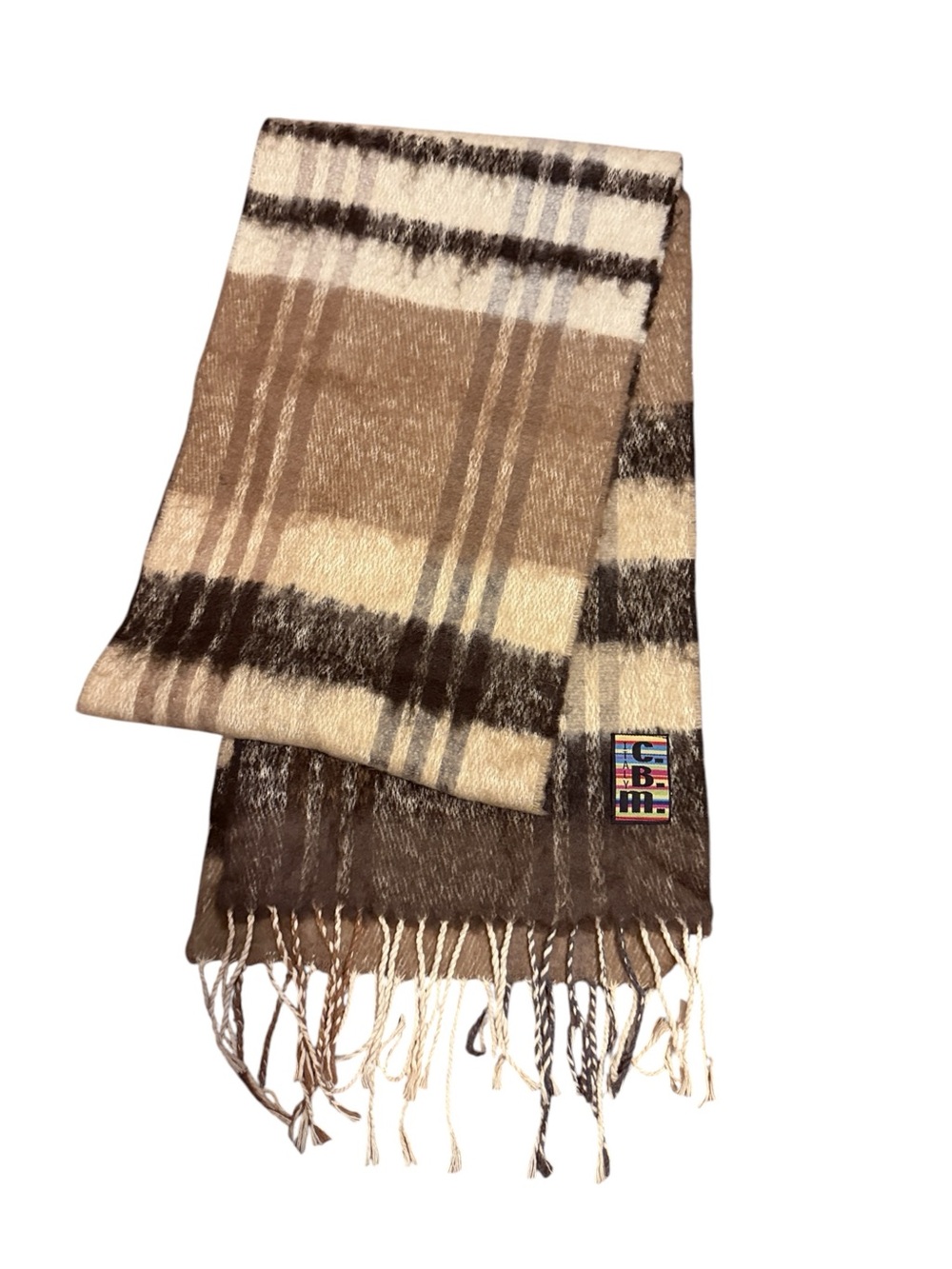 C.B.M. Italy Cashmere Brown and Cream Plaid Fringe Scarf in